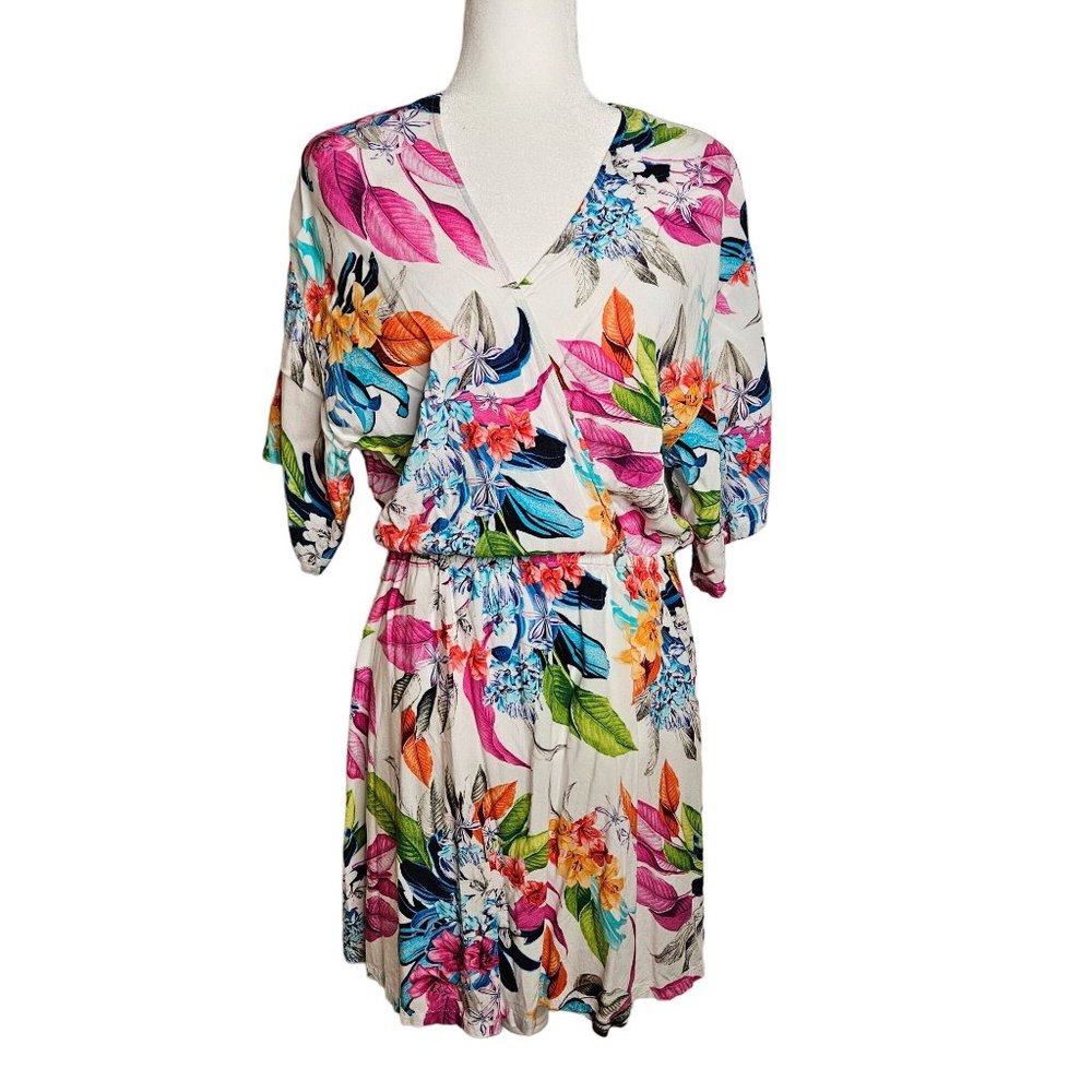 La Blanca Floral Cover Up Size Medium Multicolor Pullover Faux Wrap Bodice